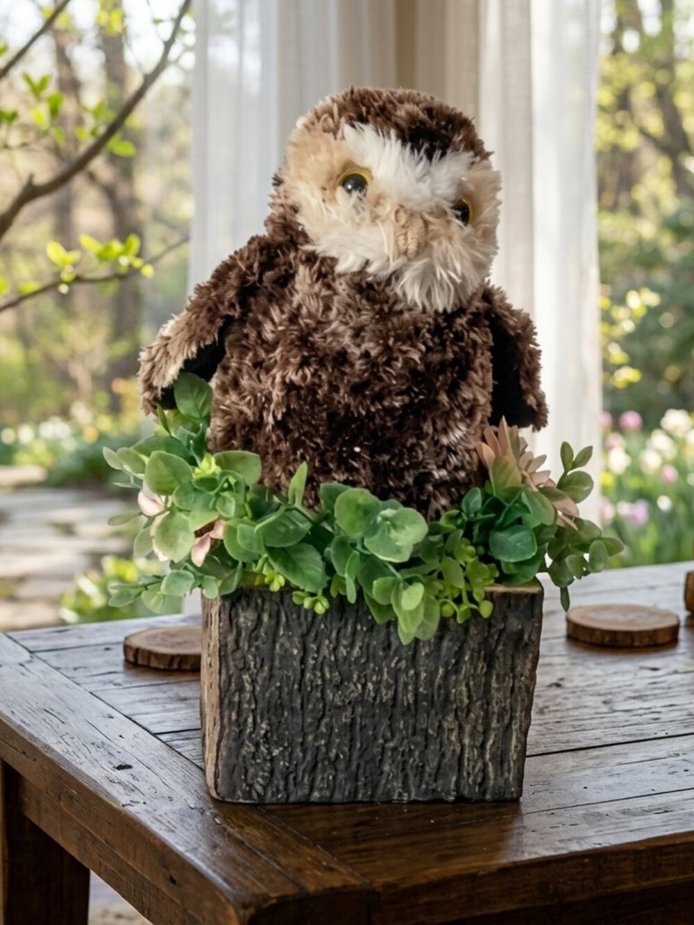Handmade Rustic Woodland Owl Faux Floral Centerpiece 11.25"